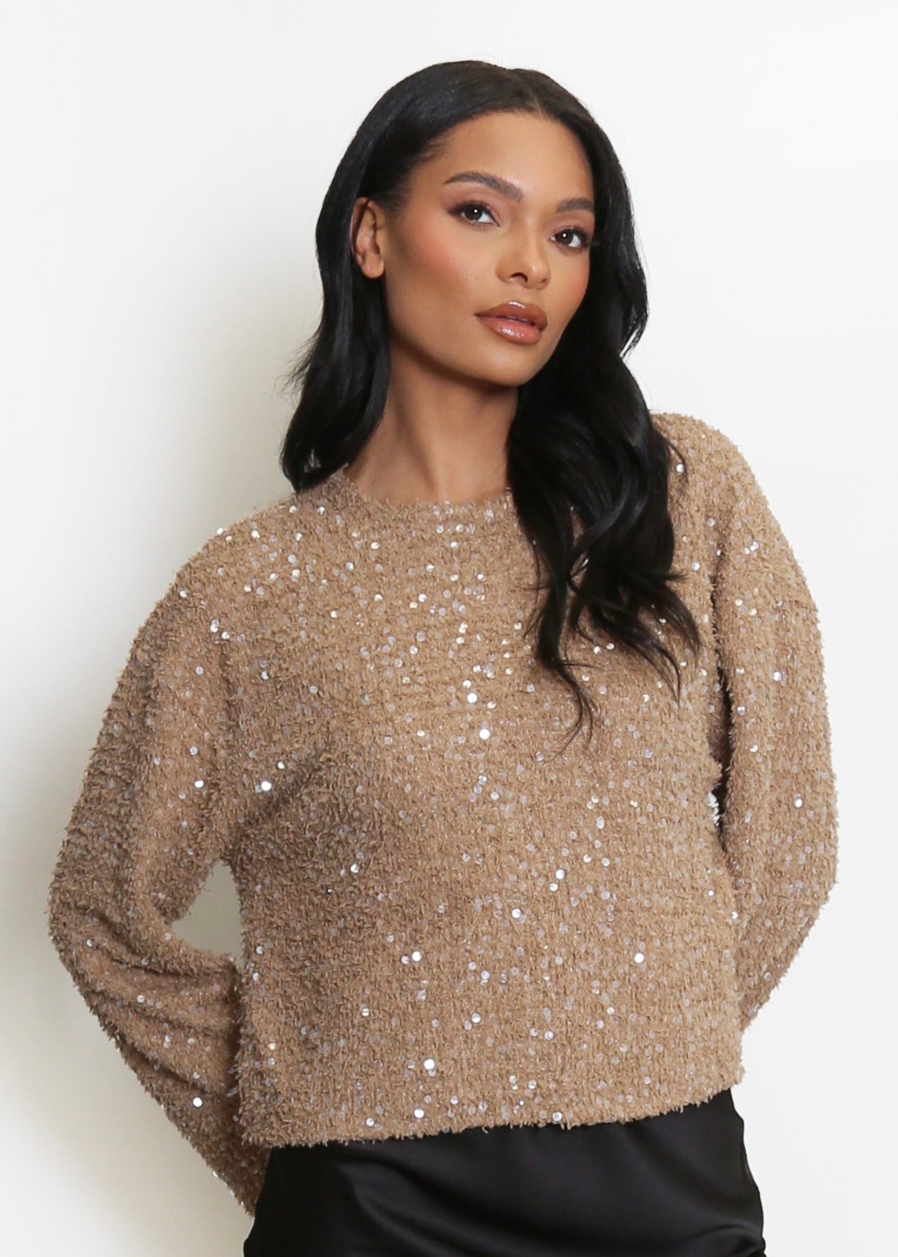 Beige Sequin Tweed Long Sleeve Top