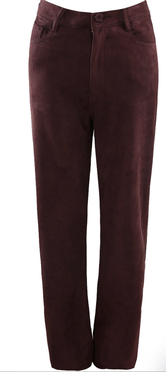 Wine Faux Suede Straight Leg Trousers