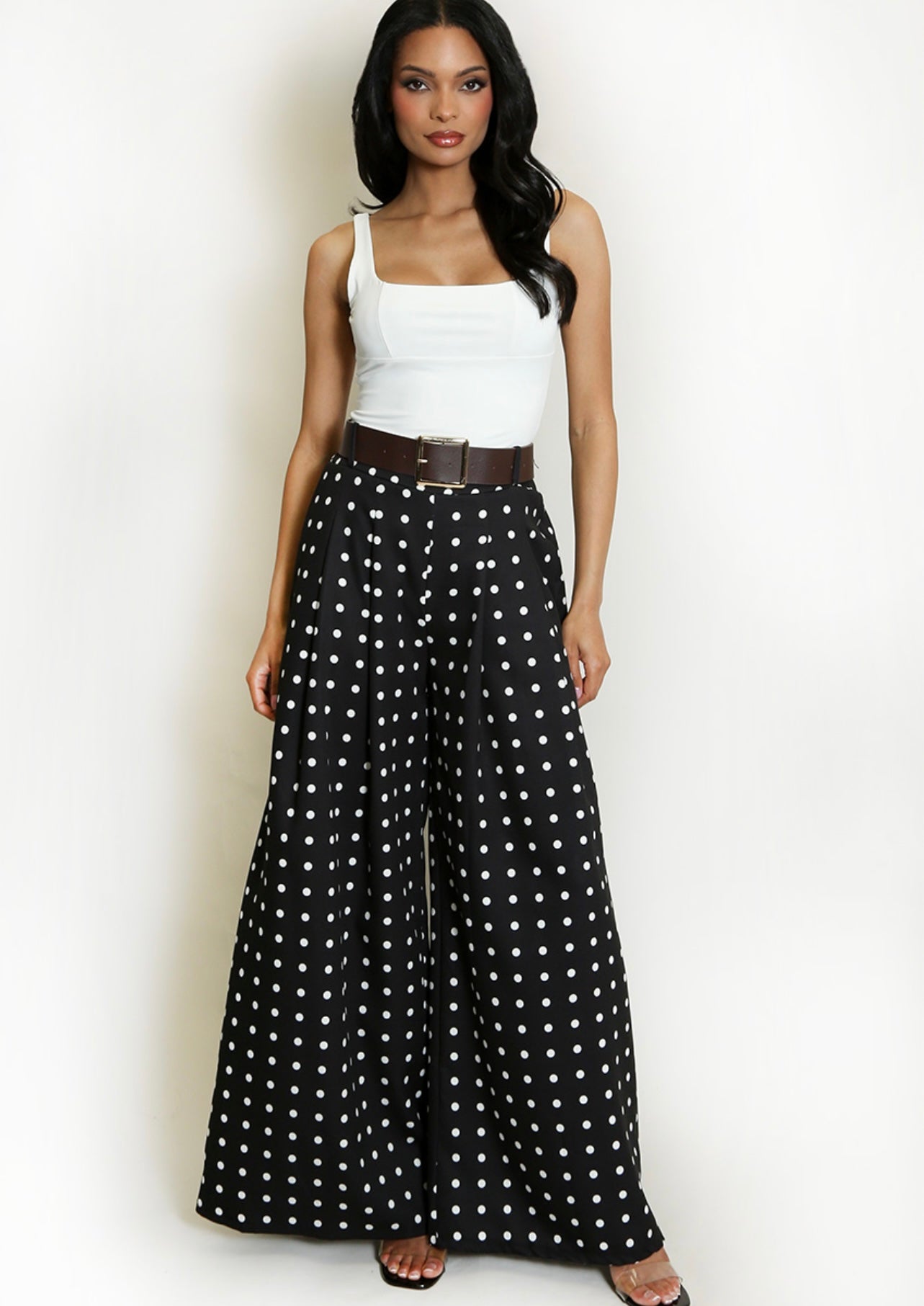 Black Polka Dots Wide Leg Belted Trousers