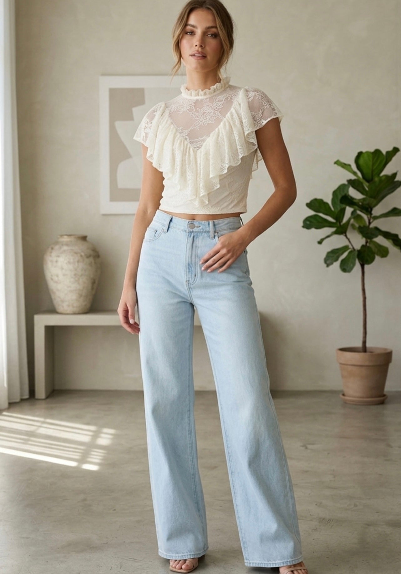 Cream Lace Sleeveless Frill Top