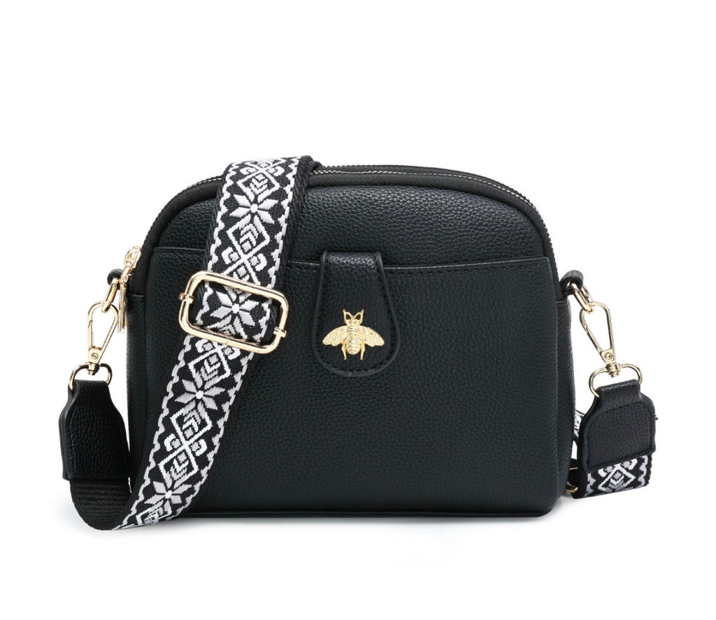 Bee Cross Body Handbag with Double Zip Top Sections