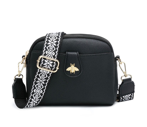 Bee Cross Body Handbag with Double Zip Top Sections
