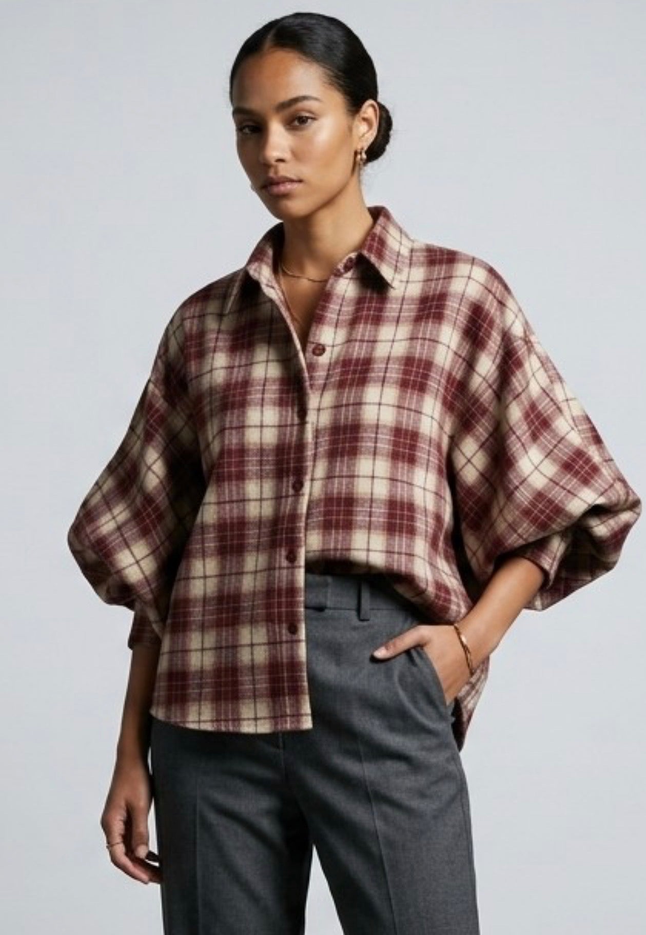 Burgundy Check Plaid Dolman Sleeves Blouse