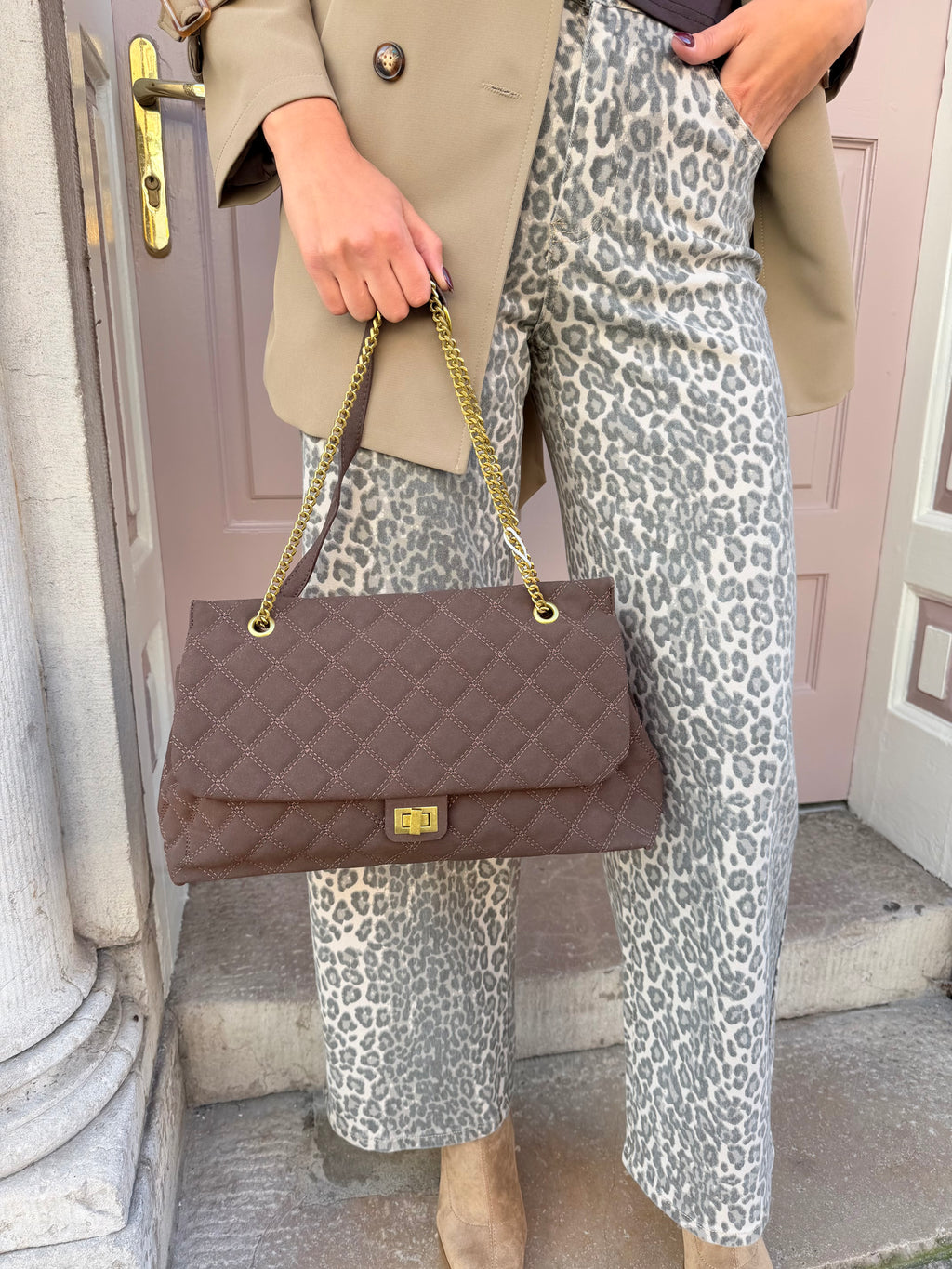 Suede Gold Detail Clasp Shoulder Handbag