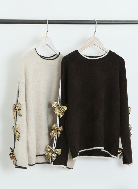 Brown Bow Sleeves Wool Blend Jumper