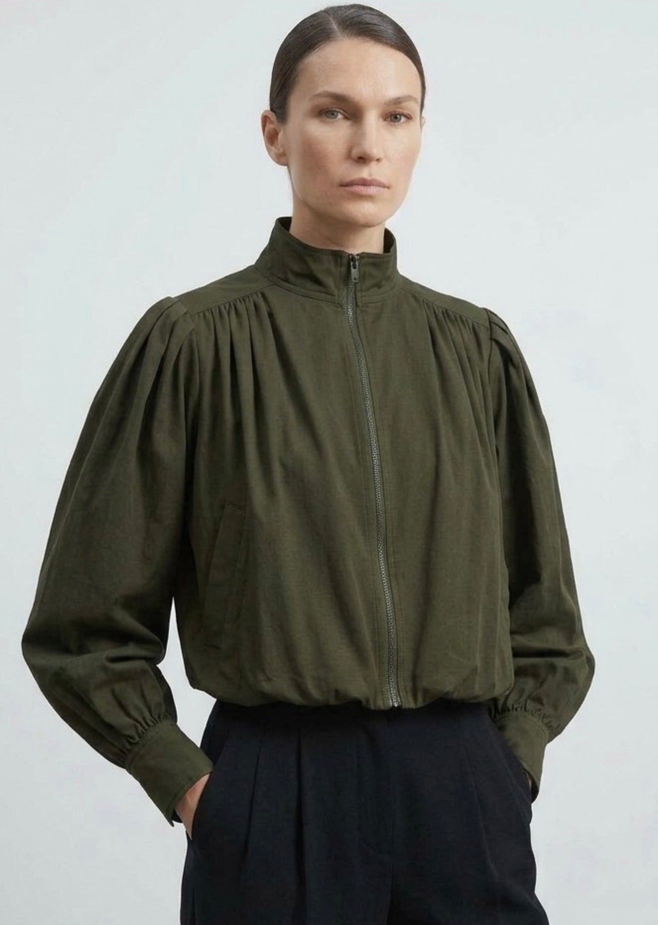 Khaki Pleated Bubble Hem Jacket