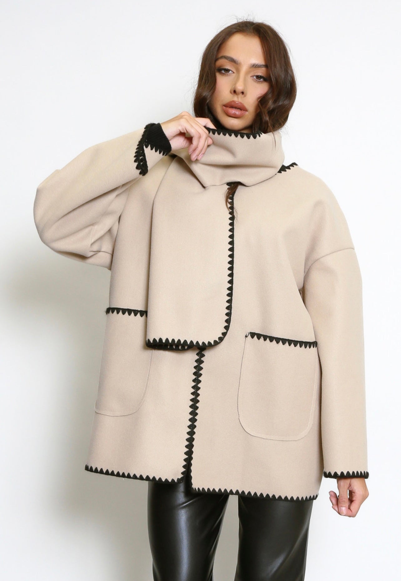 Beige Button Contrast Edge Jacket And Scarf Set