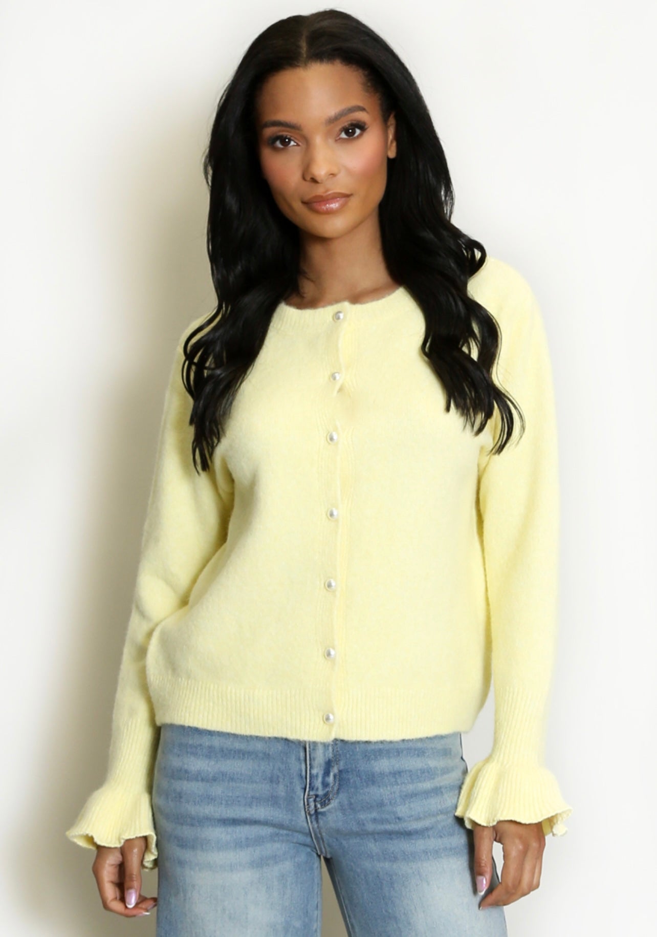 Lemon Flute Cuffs Pearls Button Cardigan
