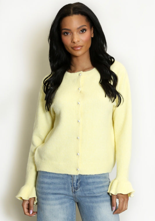 Lemon Flute Cuffs Pearls Button Cardigan