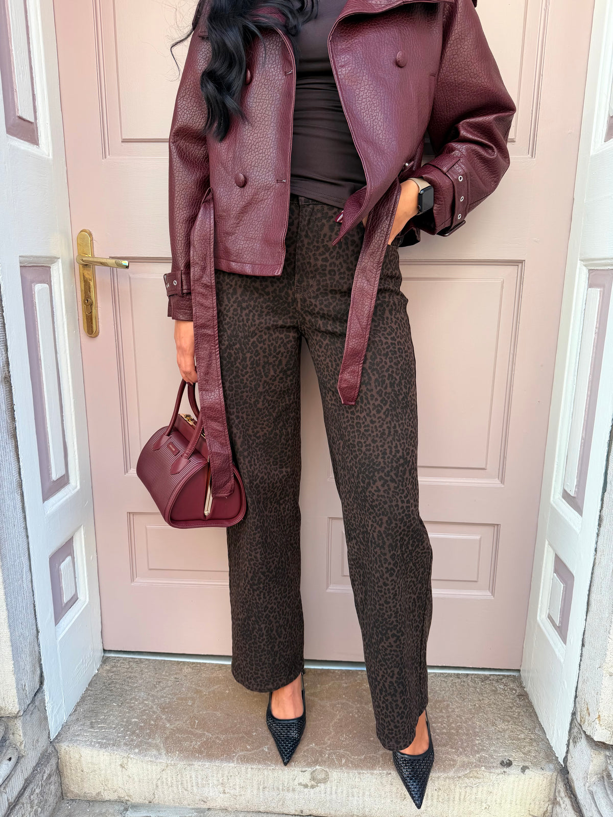 Burgundy High Neck Belted Pu Jacket