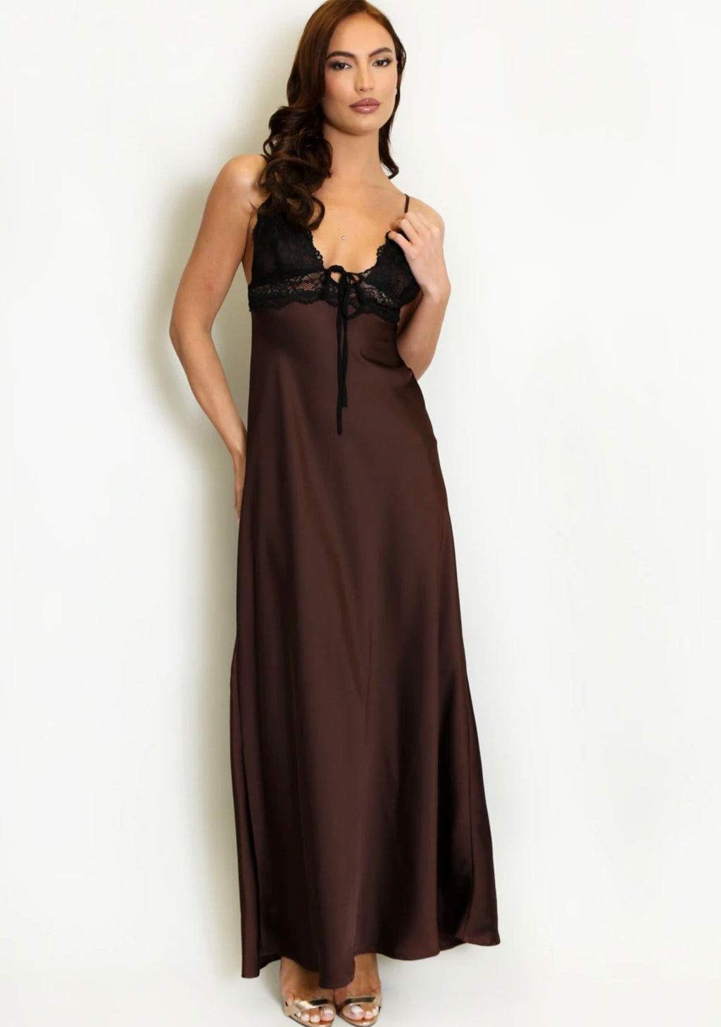 Brown Lace Bodice Satin Maxi Dress