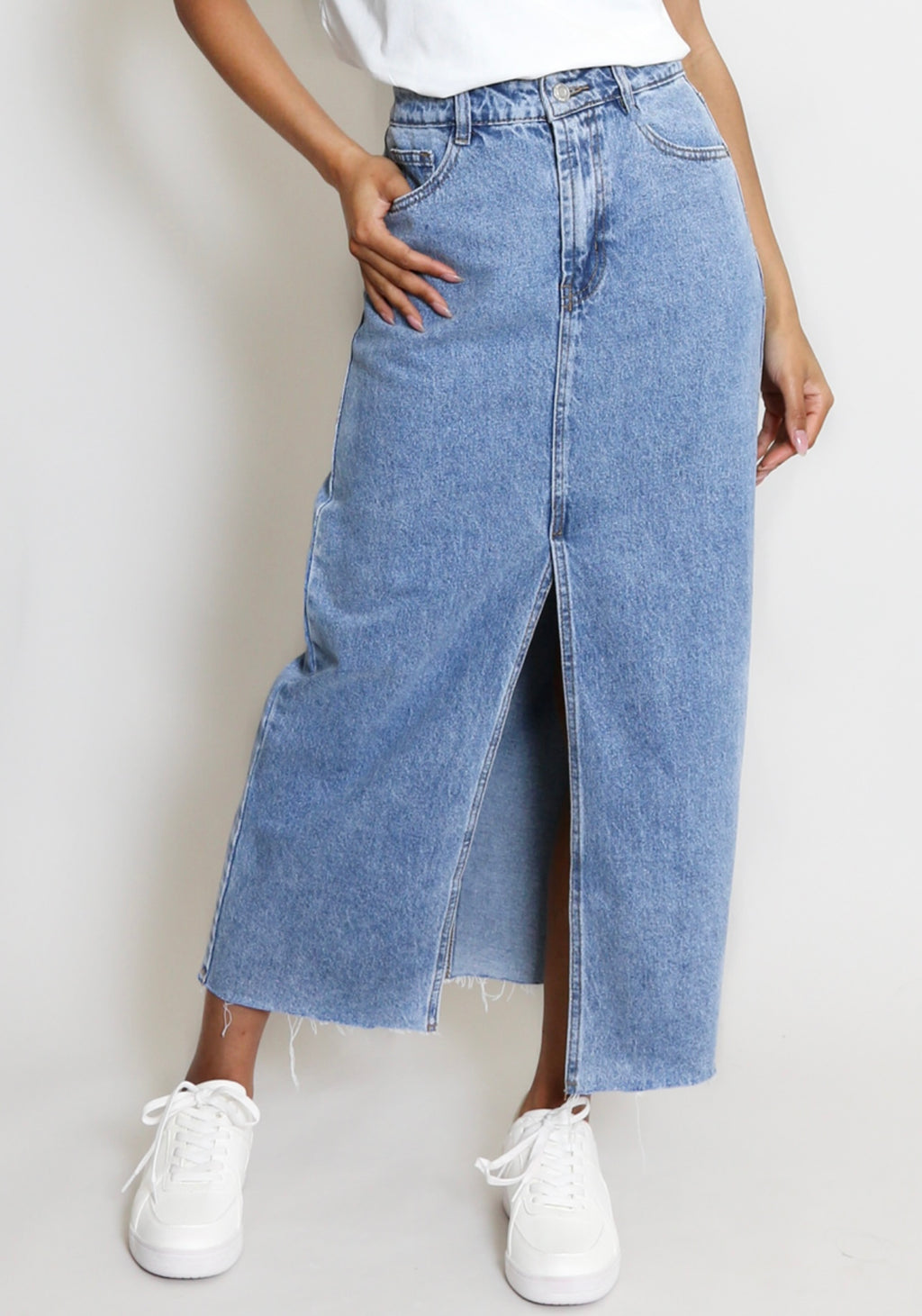 Mid Blue Front Slit Denim Skirt