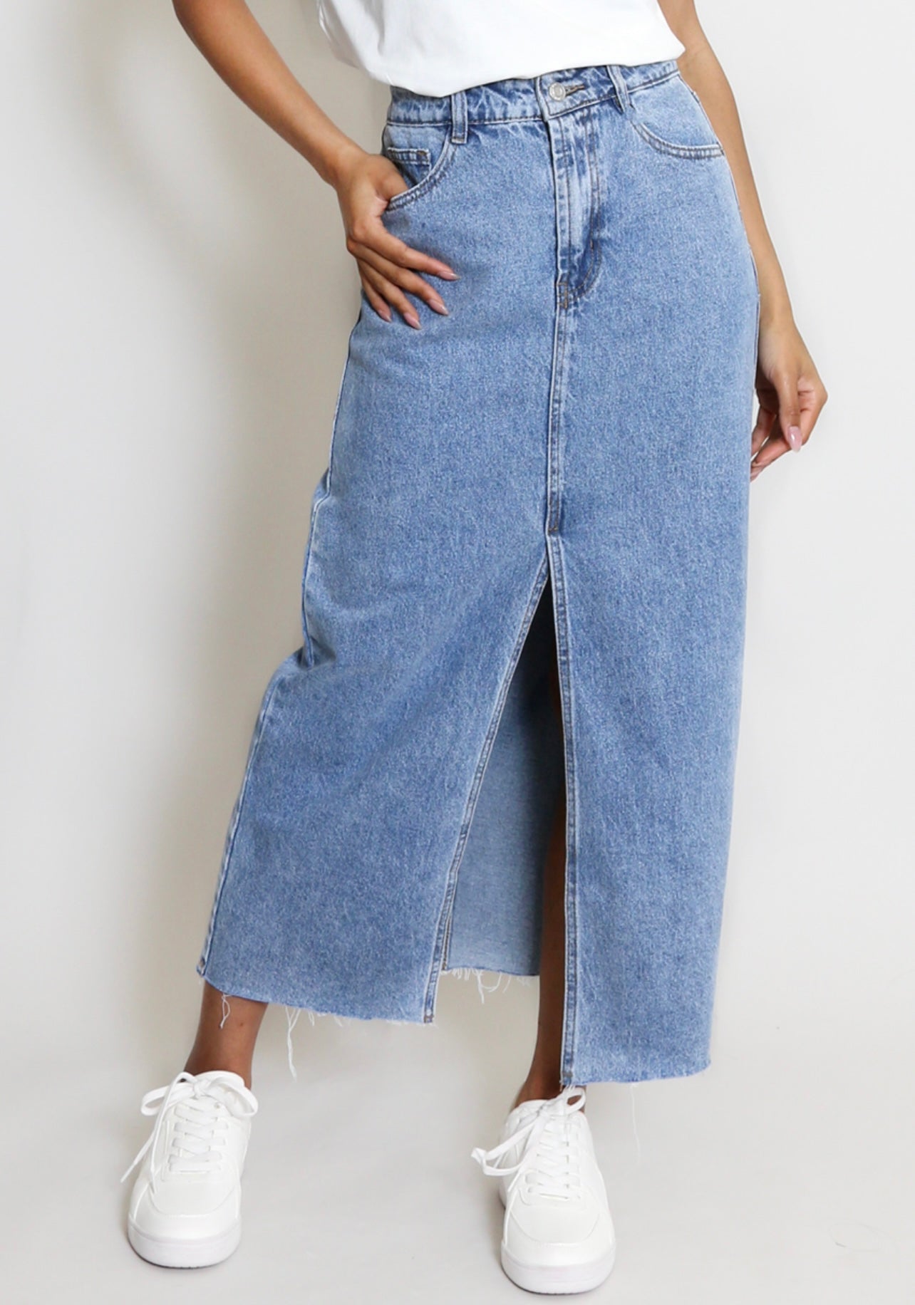 Mid Blue Front Slit Denim Skirt