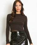 Brown Crew Neck Long Sleeves Cropped Top