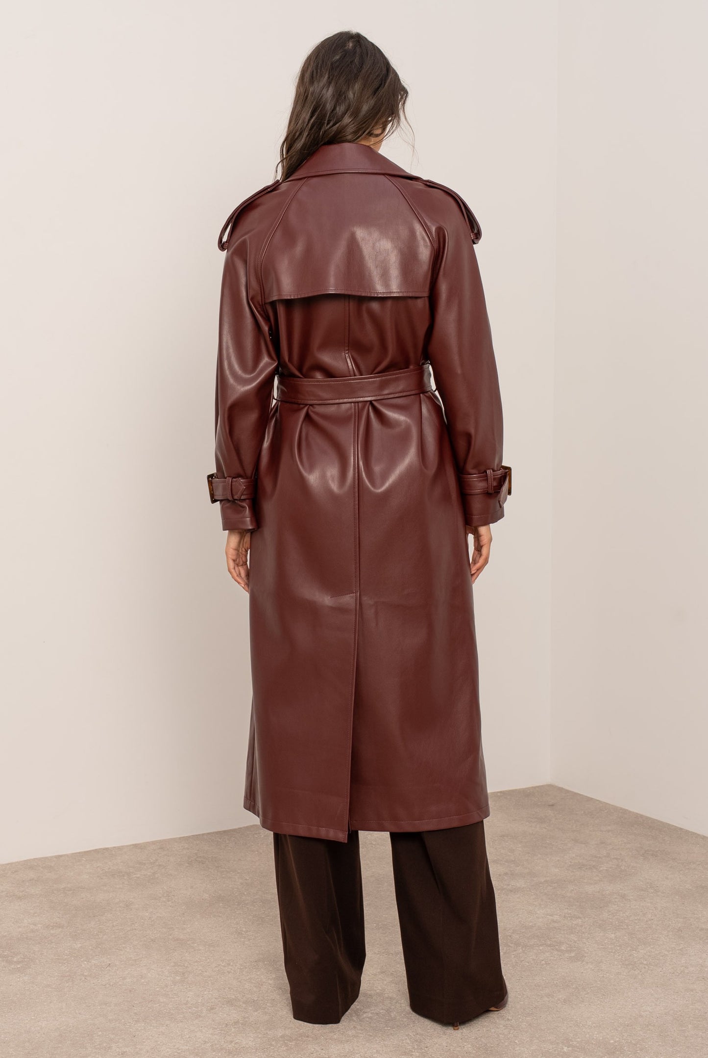 Burgundy PU Long Trench Coat