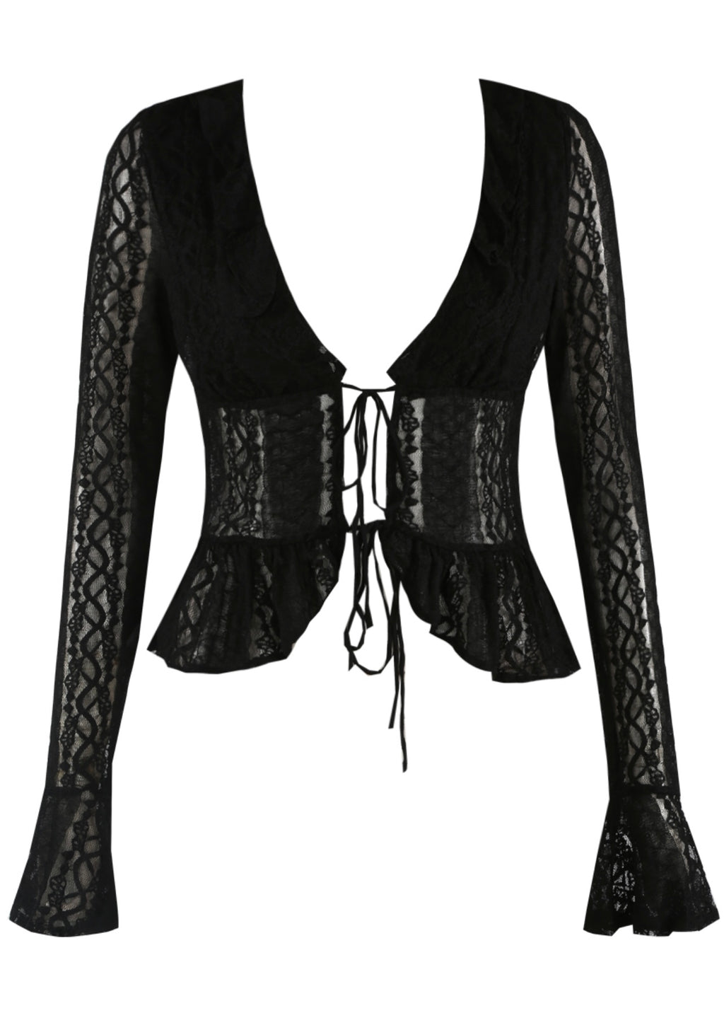 Black Frilled Lace Tie Front Top