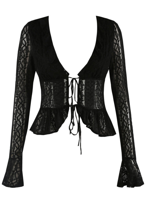 Black Frilled Lace Tie Front Top