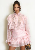 Pink Heart Print Pussy Bow Frill Blouse
