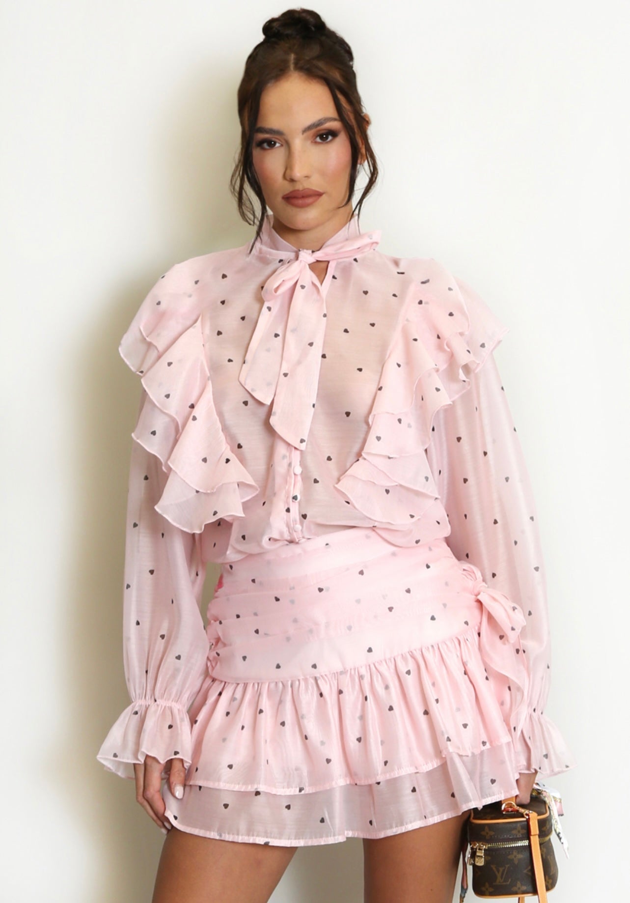 Pink Heart Print Pussy Bow Frill Blouse