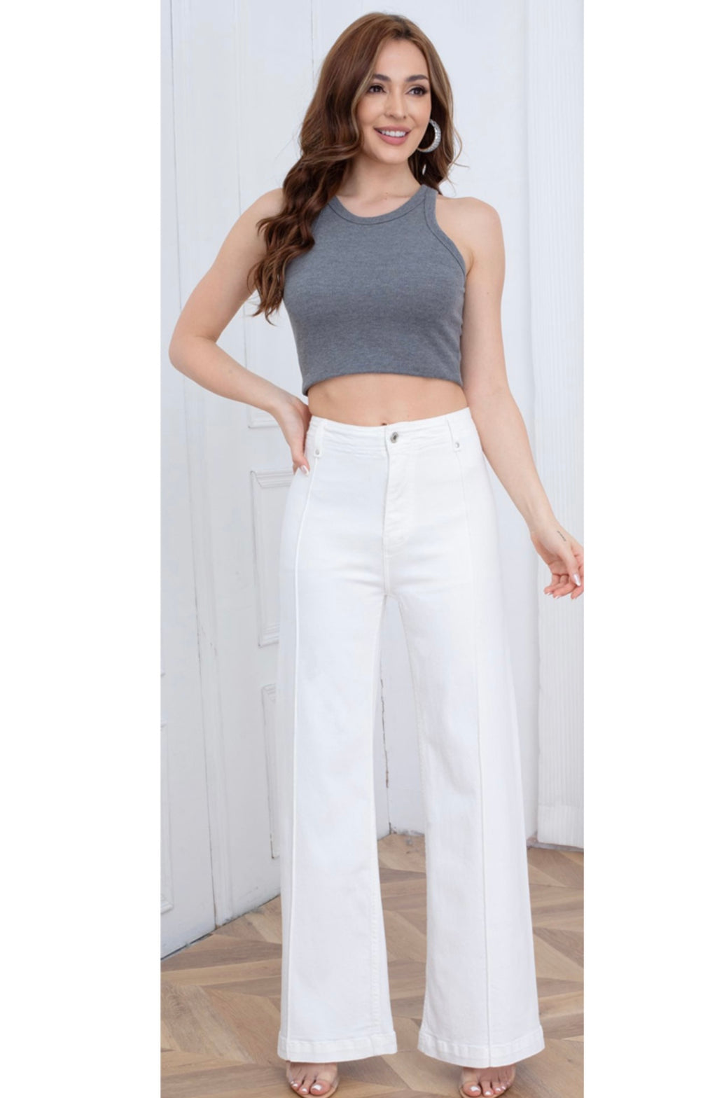 White Visible Seam Wide Leg Jeans