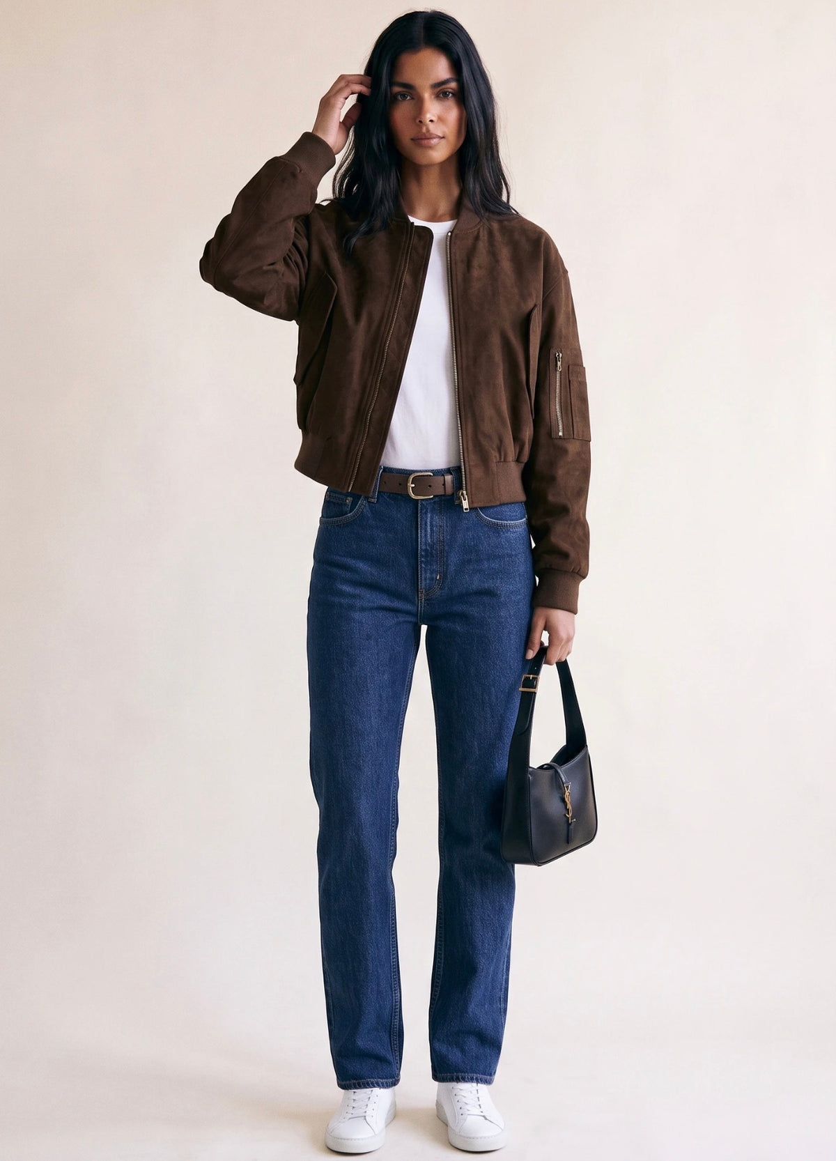 Brown Suede Cropped Bomber Jacket
