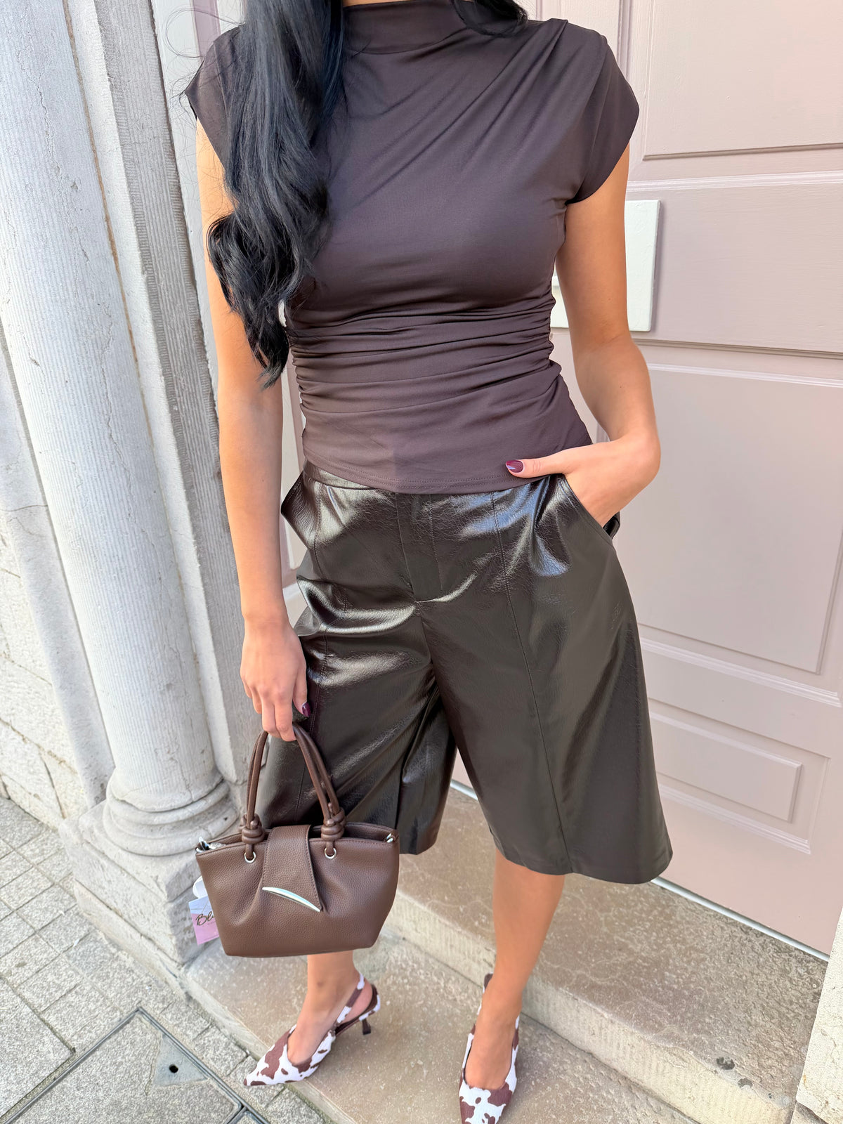 Brown PU Paneled Culottes