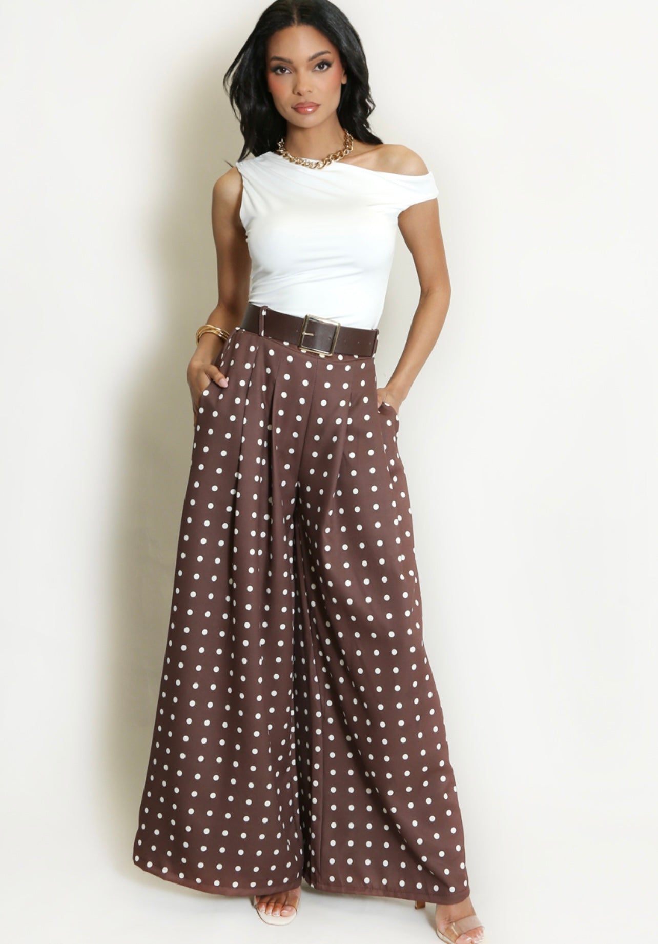 Brown Polka Dots Wide Leg Belted Trousers