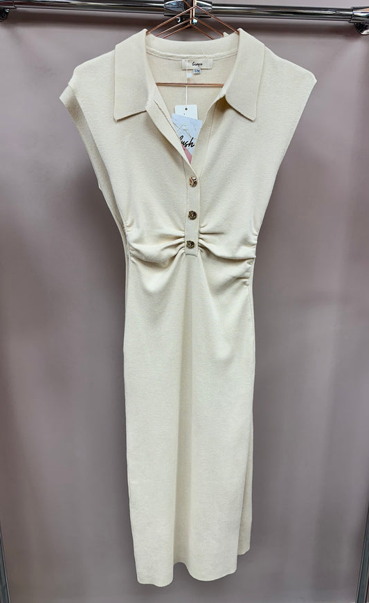 Cream Ruched Button Detail Knit Midi Dress