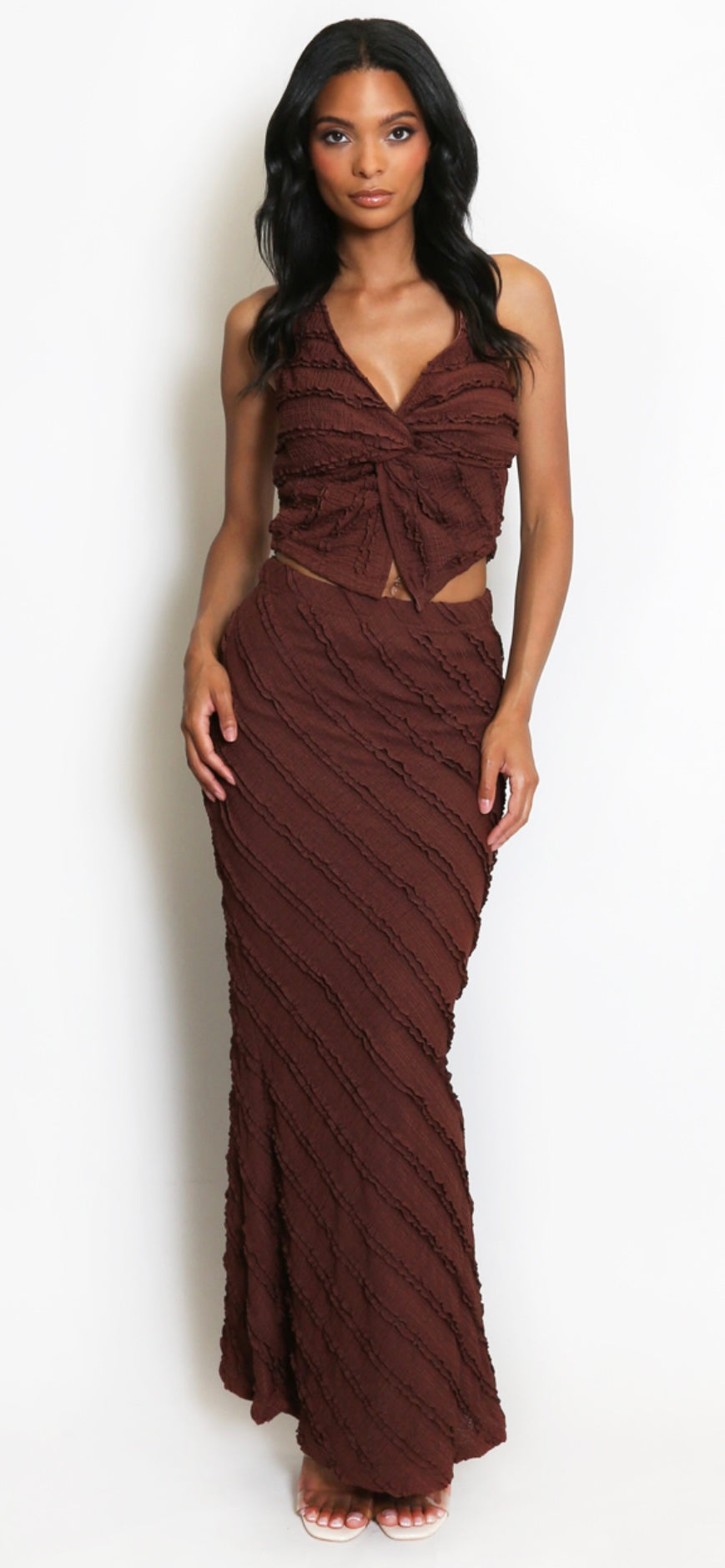Brown Twist Front Halter Neck Top And Skirt Set