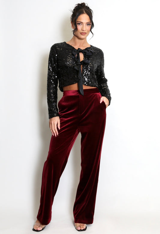 Black Bow Tie Front Sequin Top