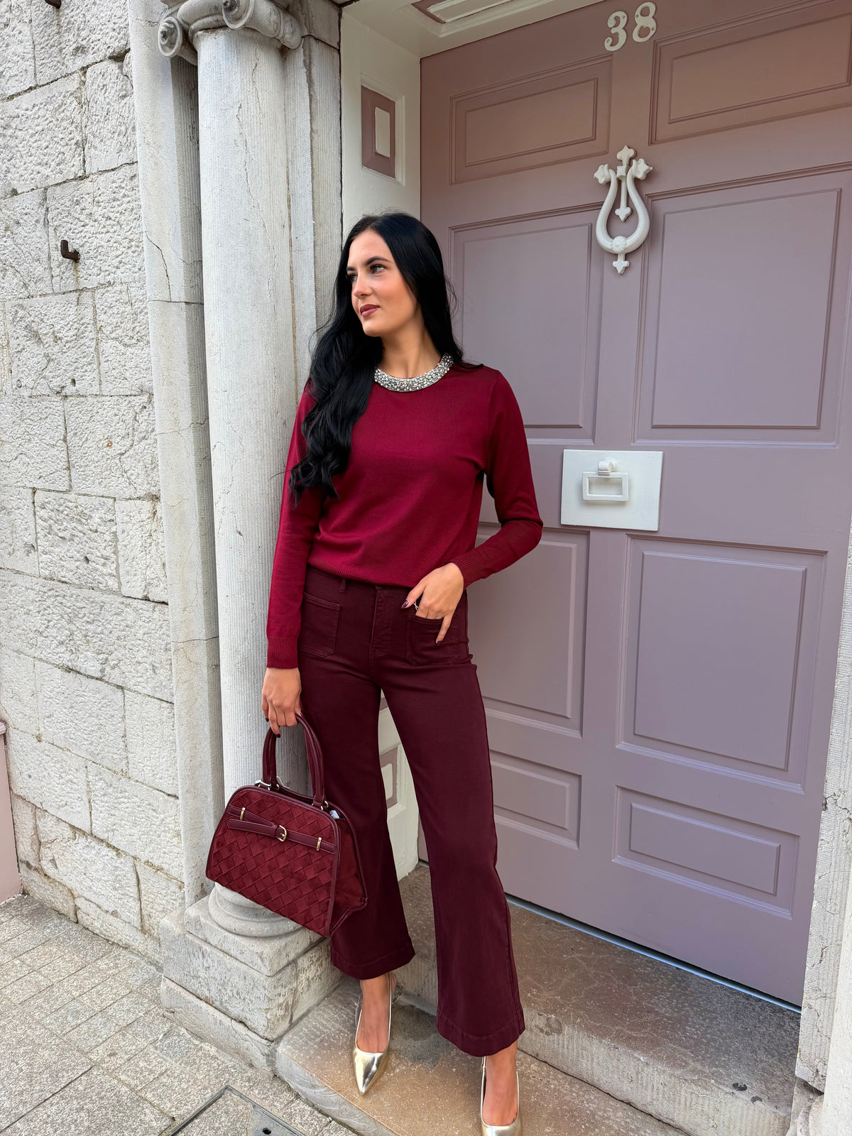 Burgundy Denim High Waist Flare Jeans
