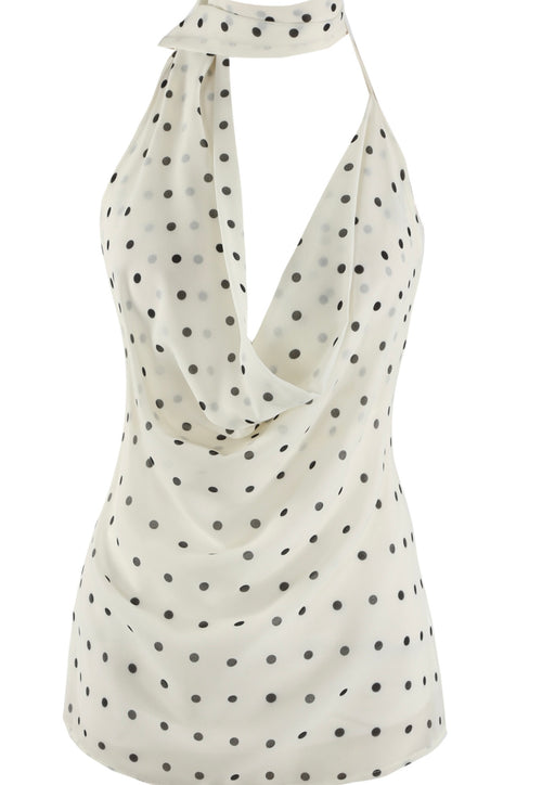 Beige Polka Dot Draped Halter Neck Top