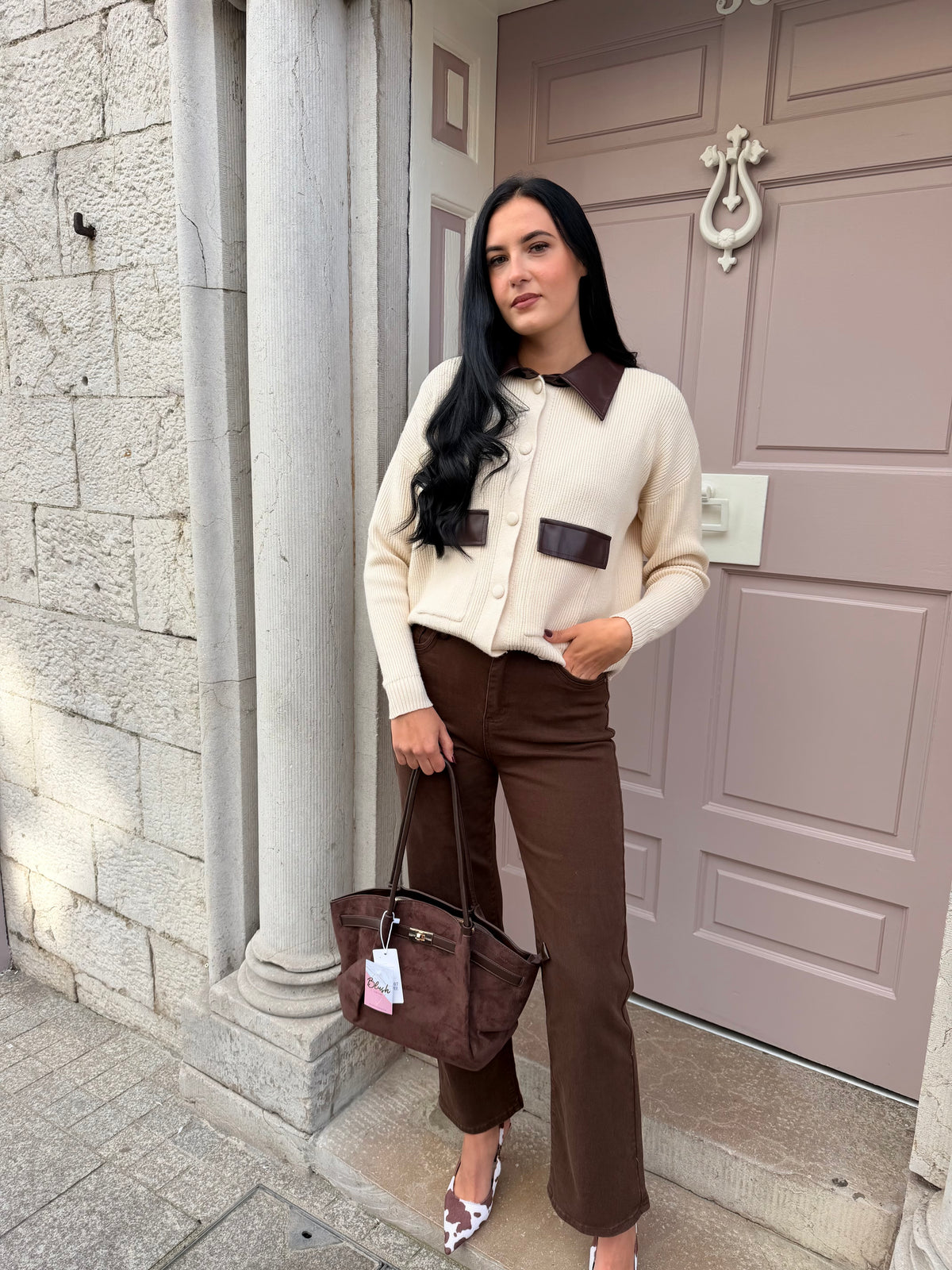 Knitted Jumper With Brown Leather Collar And Pocket Detail