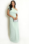 Green Drape Bardot Ruched Maxi Dress