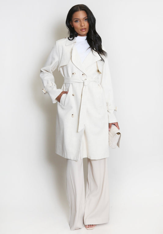 Cream Linen Blend Trench Coat