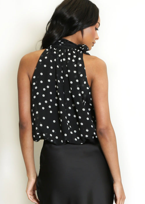Black Polka Dot Print Halter Neck Blouse