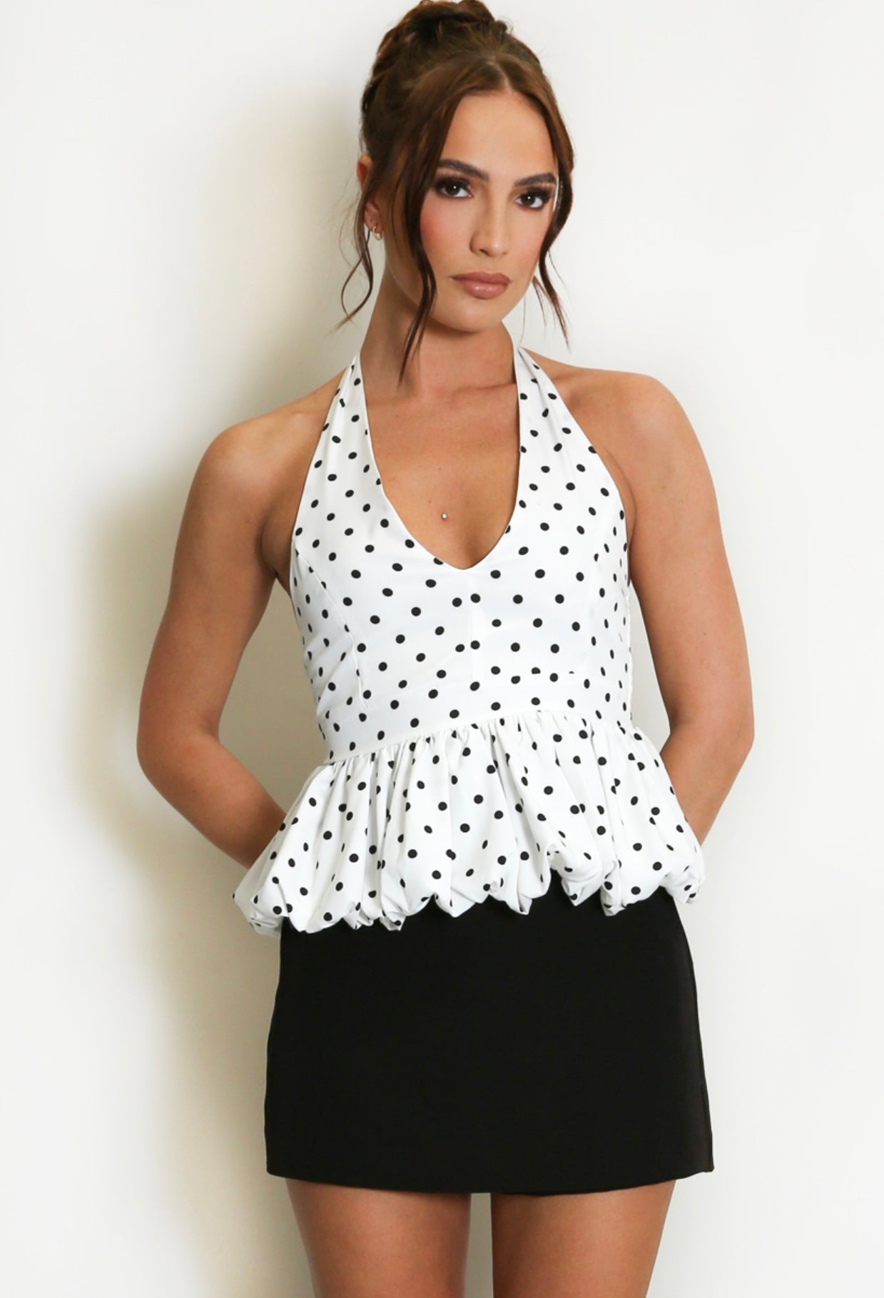 White Polka Dot Peplum Bubble Hem Top