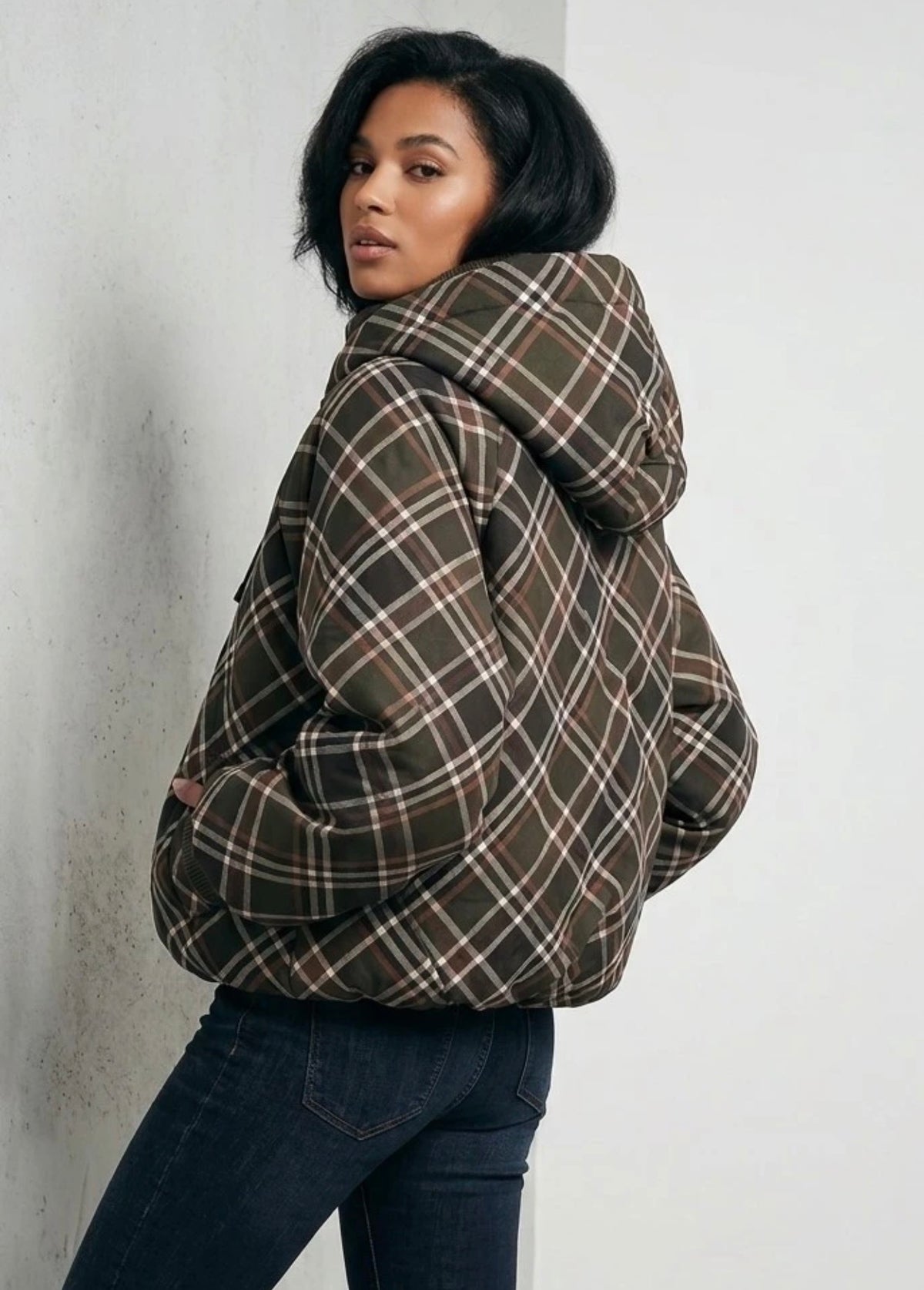 Khaki Plaid Check Hooded Jacket