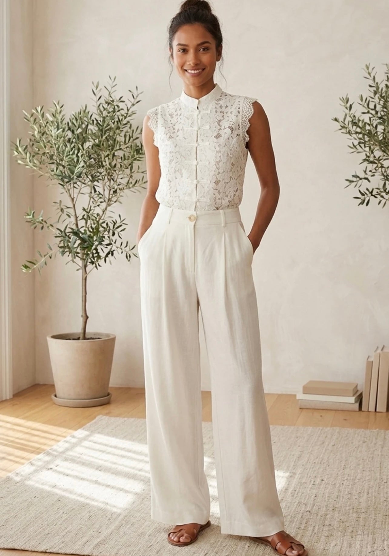 White Wide Hem Trousers