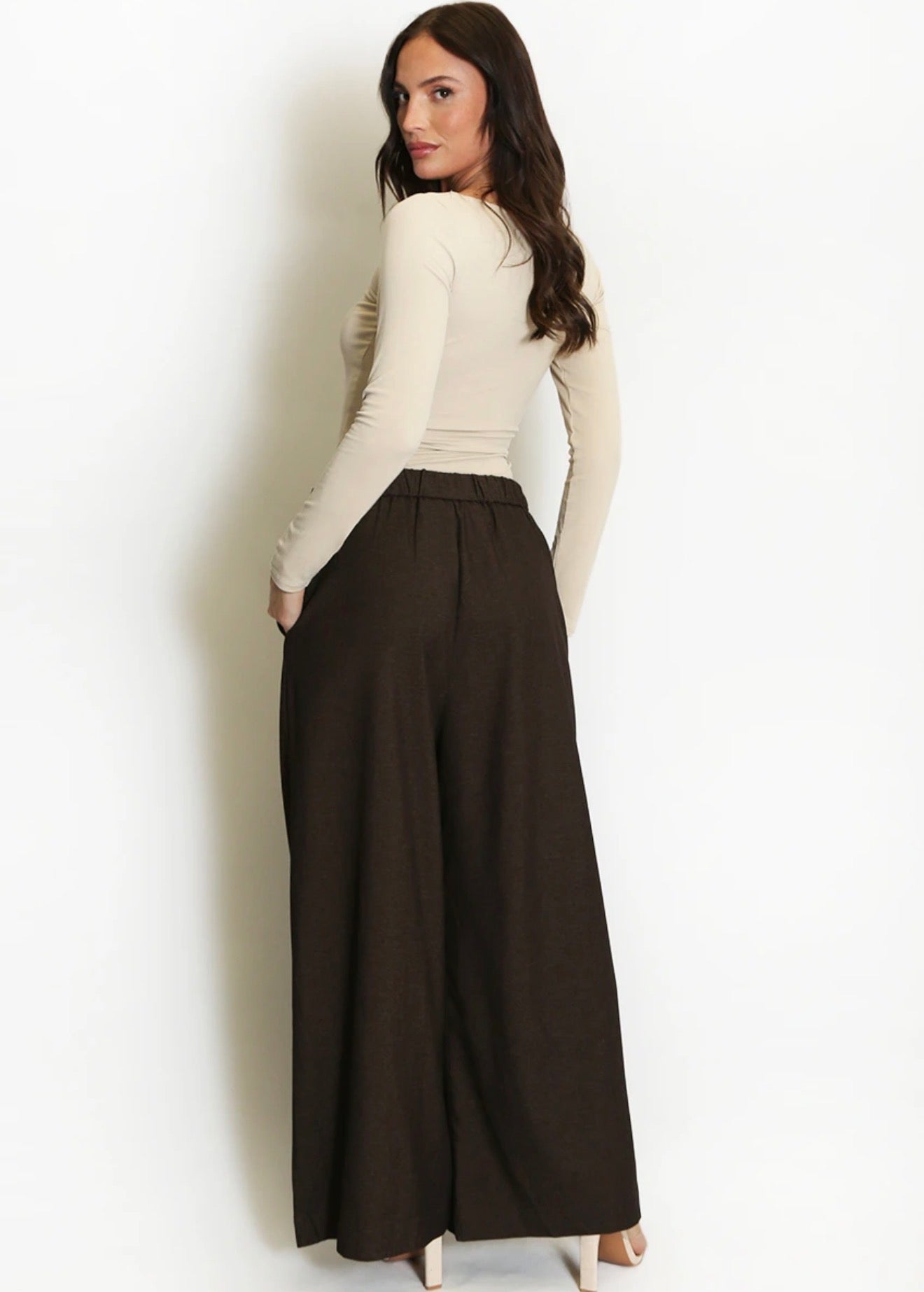 Beige Square Neck Long Sleeve Basic Top