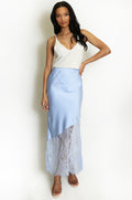Blue Asymmetric Lace Hem Satin Skirts
