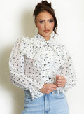 White Hearts Print Tie Neck Chiffon Blouse