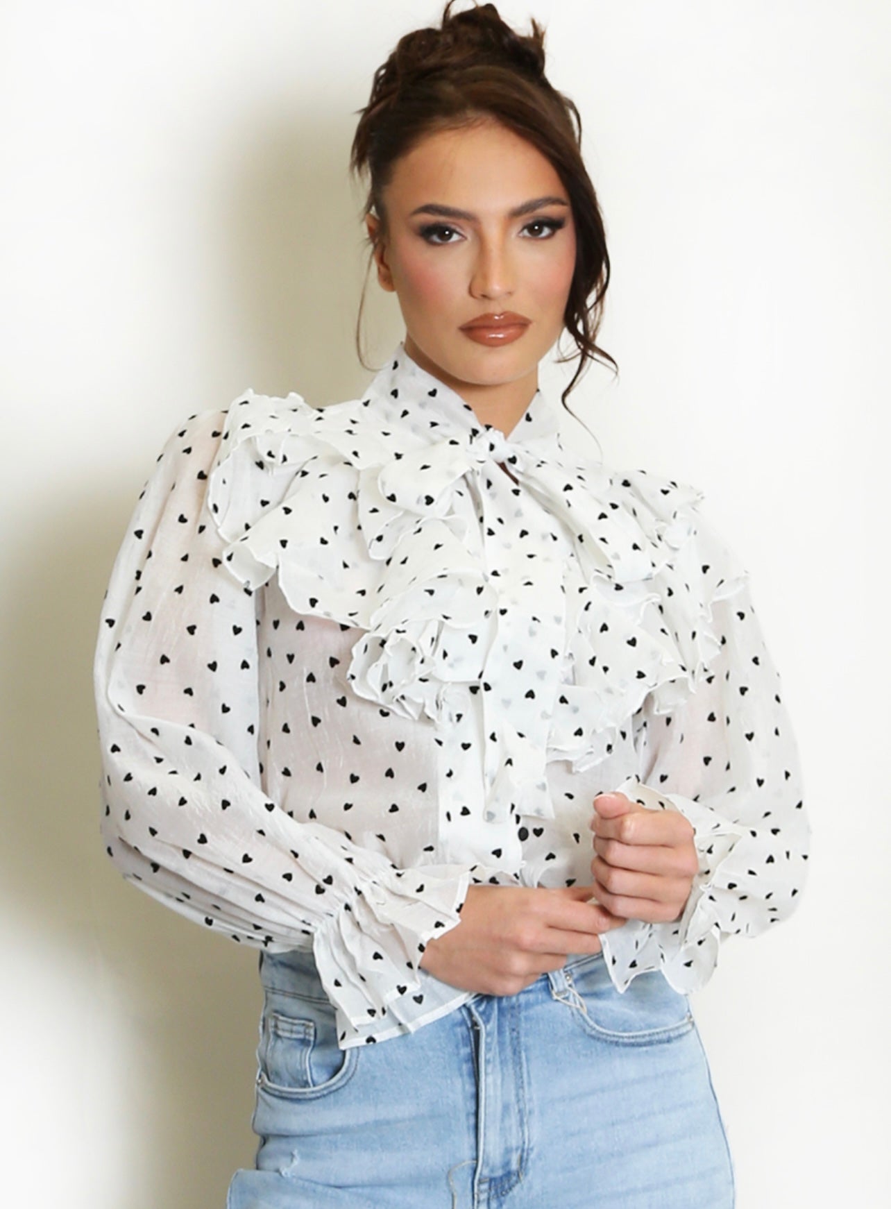 White Hearts Print Tie Neck Chiffon Blouse
