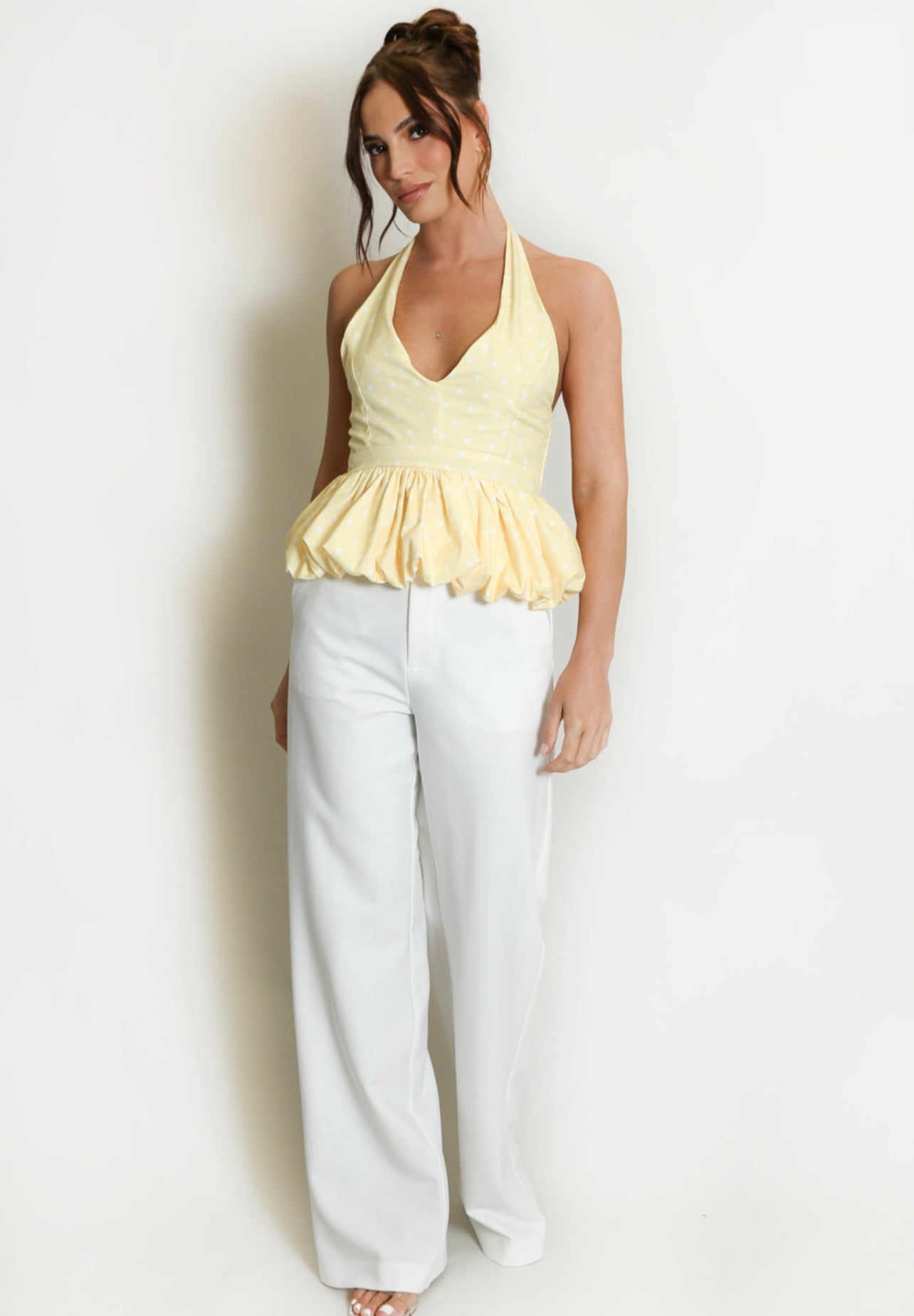 Lemon Polka Dot Peplum Bubble Hem Top