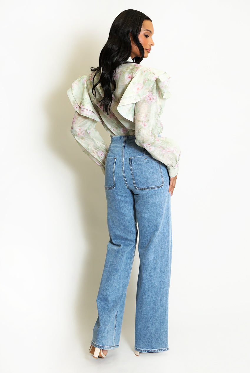 Green Vintage Floral Print Pussy Bow Blouse