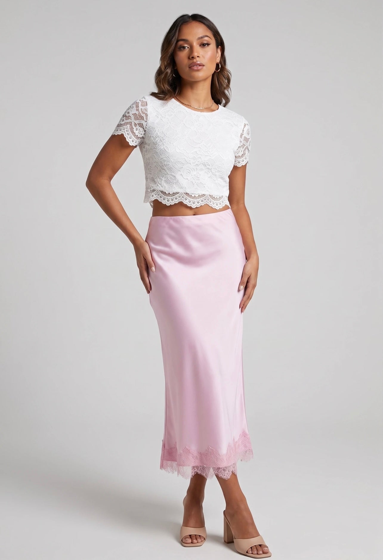 Pink Satin Lace Hem Midi Skirt