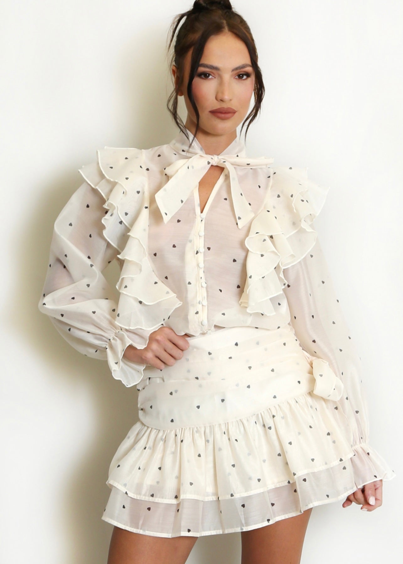 Cream Heart Print Pussy Bow Frill Blouse