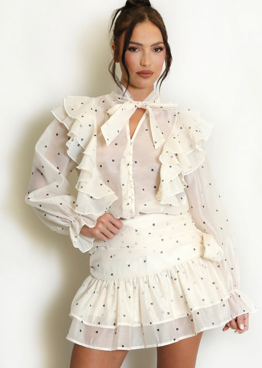 Cream Heart Print Pussy Bow Frill Blouse