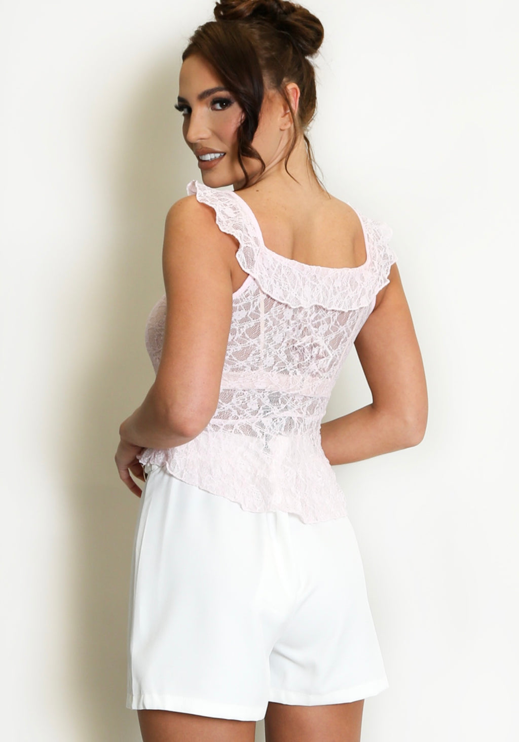 Pink Lace Up Front Sheer Lace Top