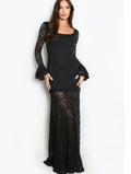 Black Lace Flare Cuffs Maxi Dress